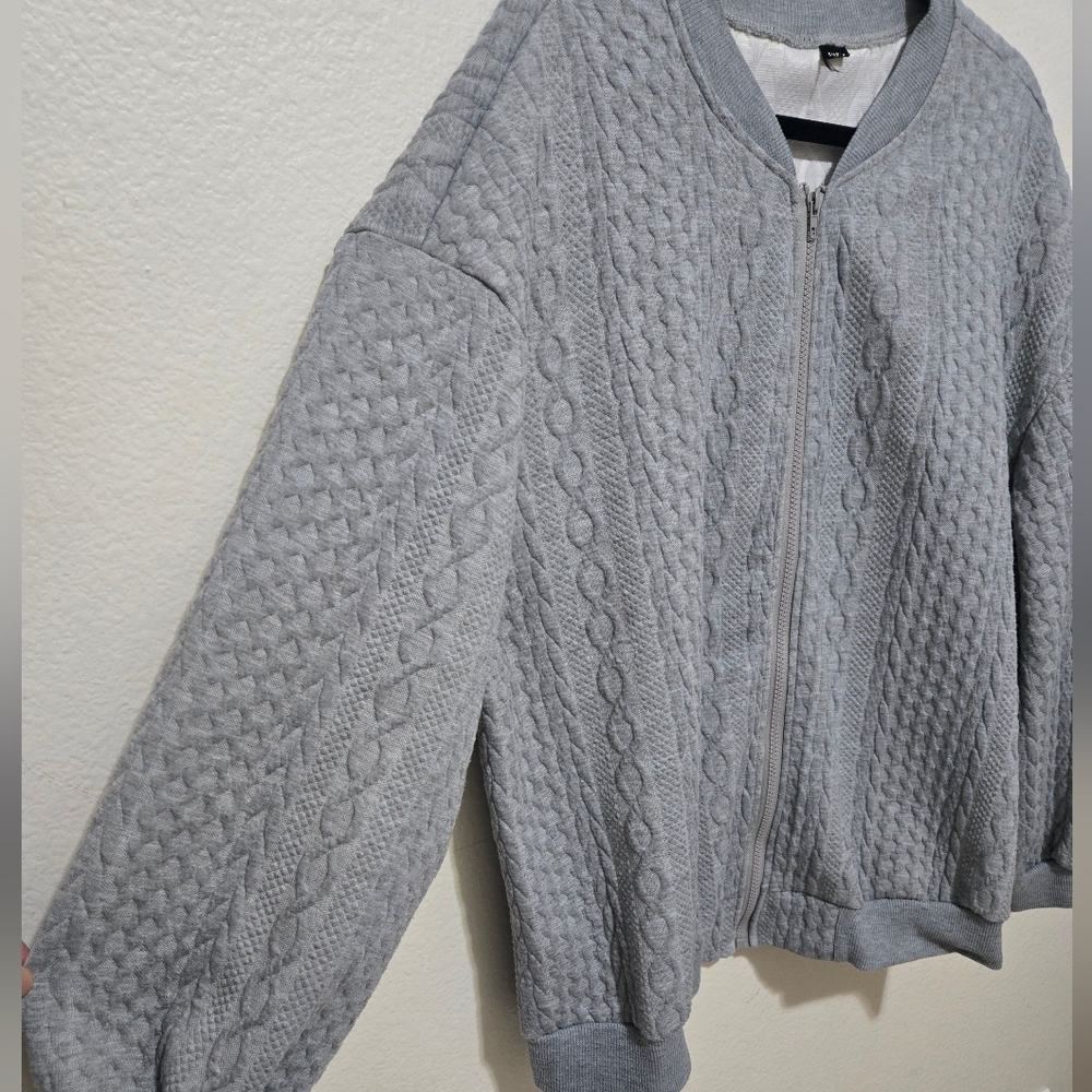 Cozy Gray Textured Zip-Up Sweater Bomber Jacket Size XXL - Picture 3 of 14